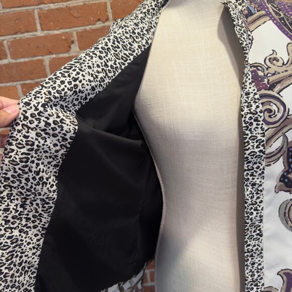 Chicos Womens Sz 0 Cardigan Blazer Purple Paisley Kaila Open Front Leopard Trim - Picture 6 of 11